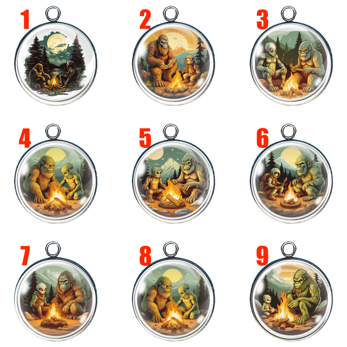 Group of 9 Charms featuring Bigfoot sharing a campfire with an Alien