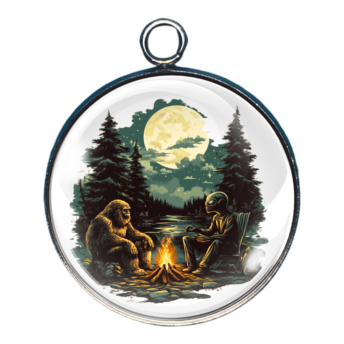 Charm featuring Bigfoot sharing a campfire with an Alien