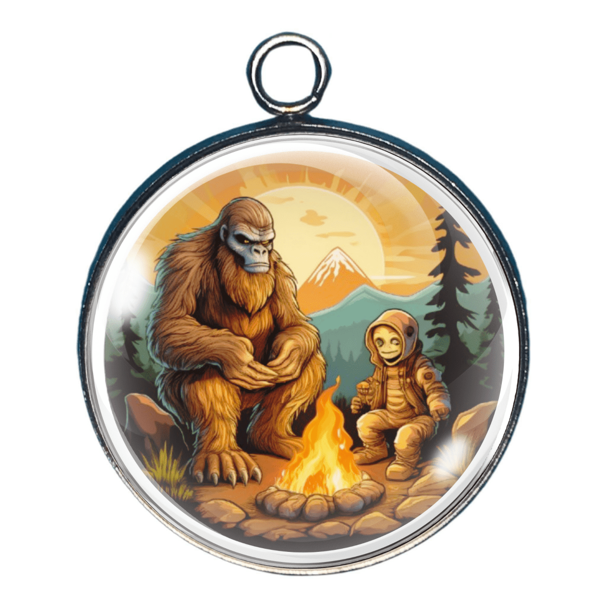 Charm featuring Bigfoot sharing a campfire with an Alien