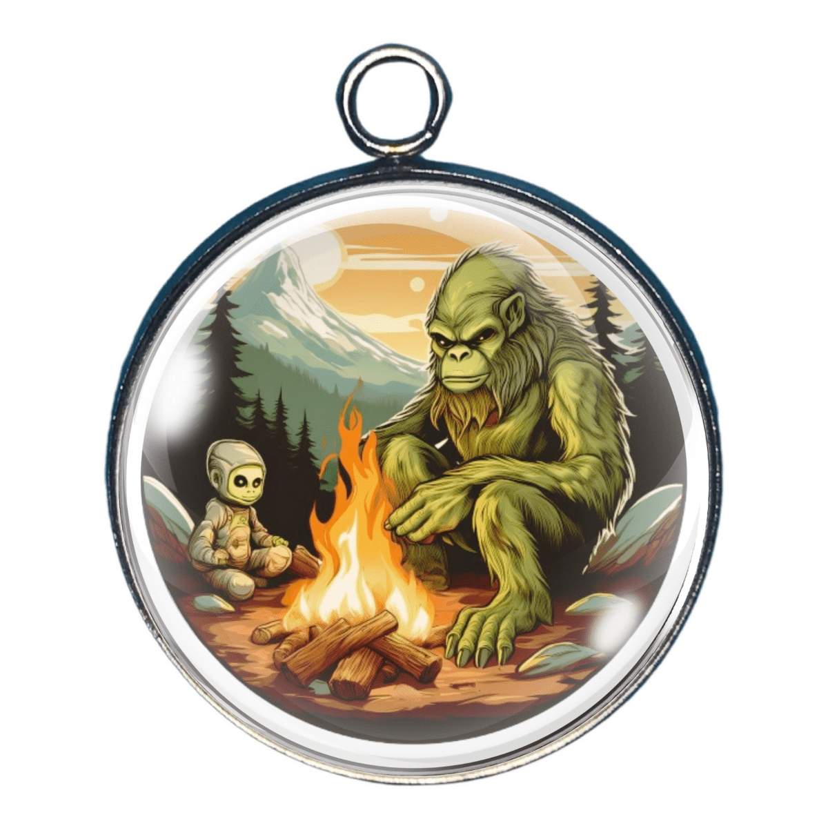 Charm featuring Bigfoot sharing a campfire with an Alien