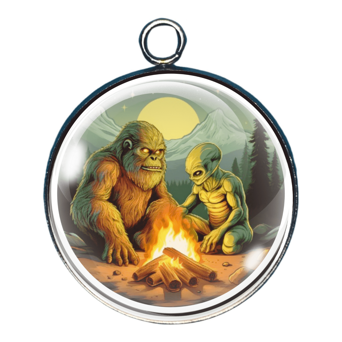 Charm featuring Bigfoot sharing a campfire with an Alien