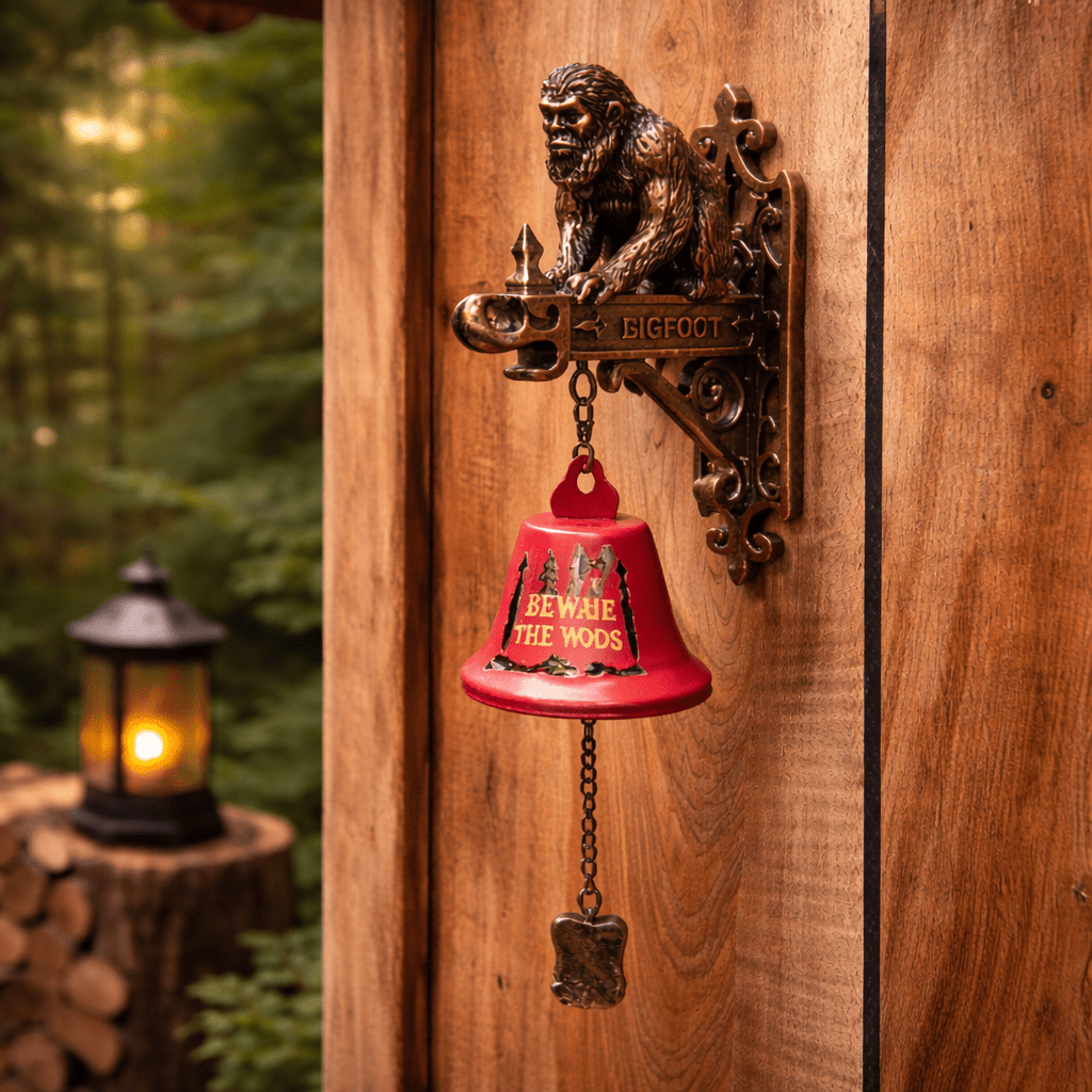 Decorative bell with Bigfoot design on a wooden wall, forest background