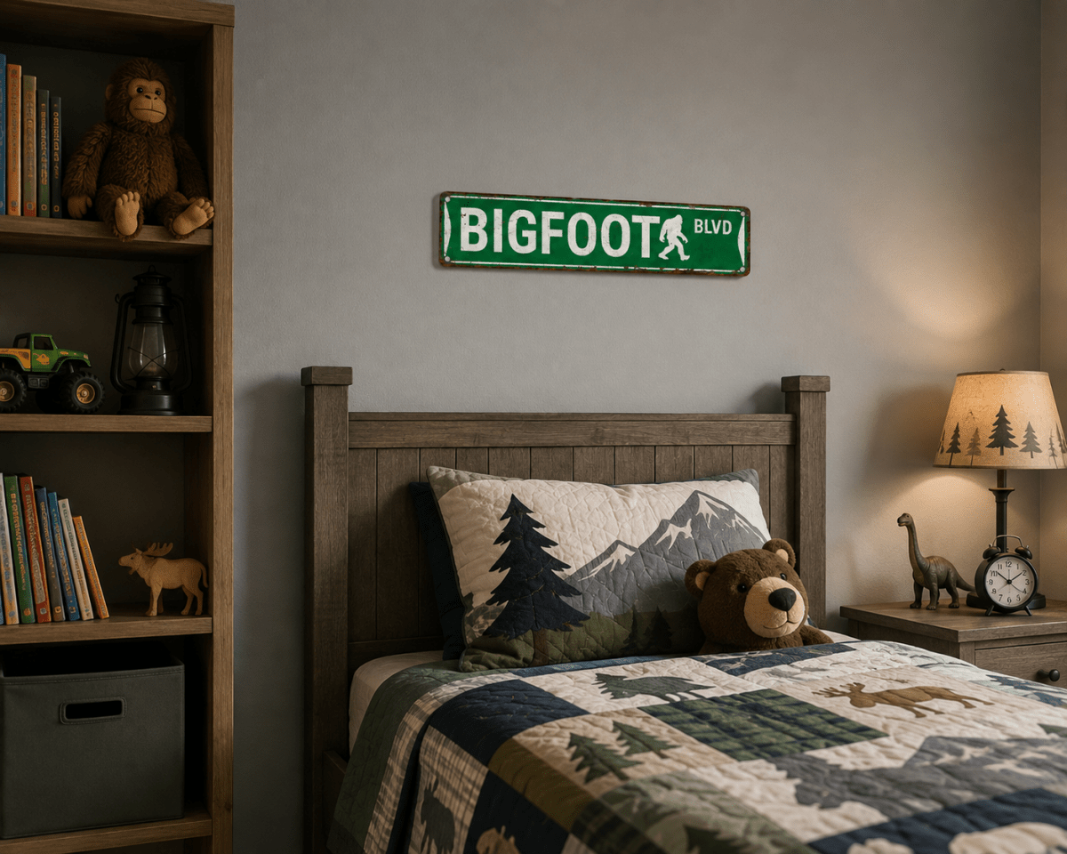 A styled children's bedroom featuring a rustic wooden bed with a mountain-themed quilt and pillow, a green 'BIGFOOT BLVD' street sign on the gray wall, and a wooden bookshelf with toys on the left.