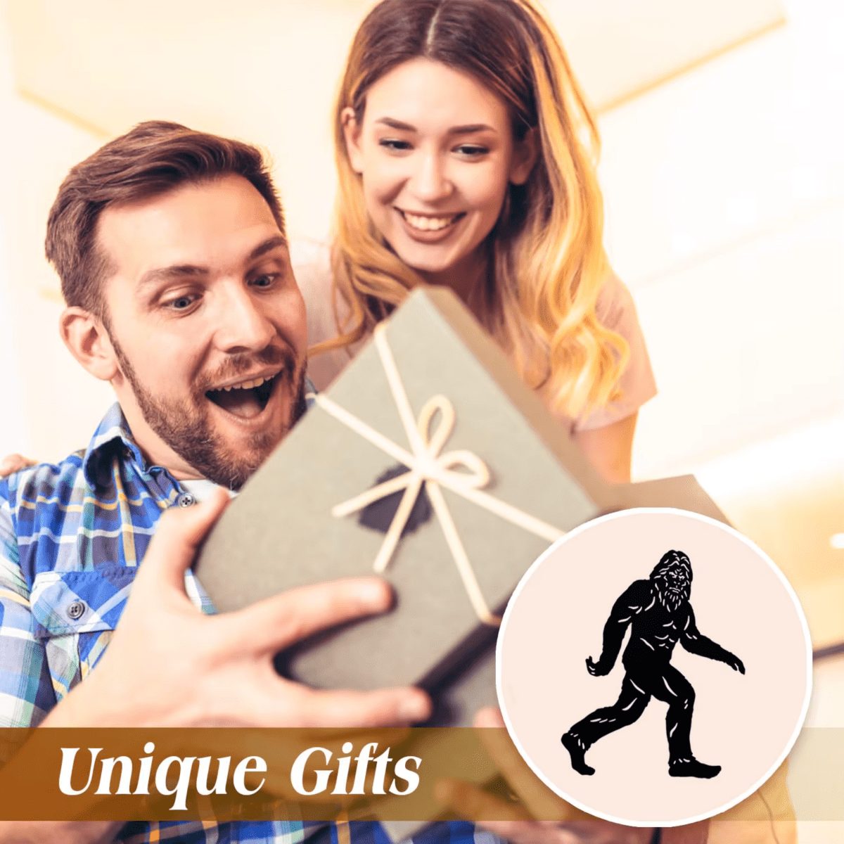 picture of a guy and girl happily opening their bigfoot garden stake  gift