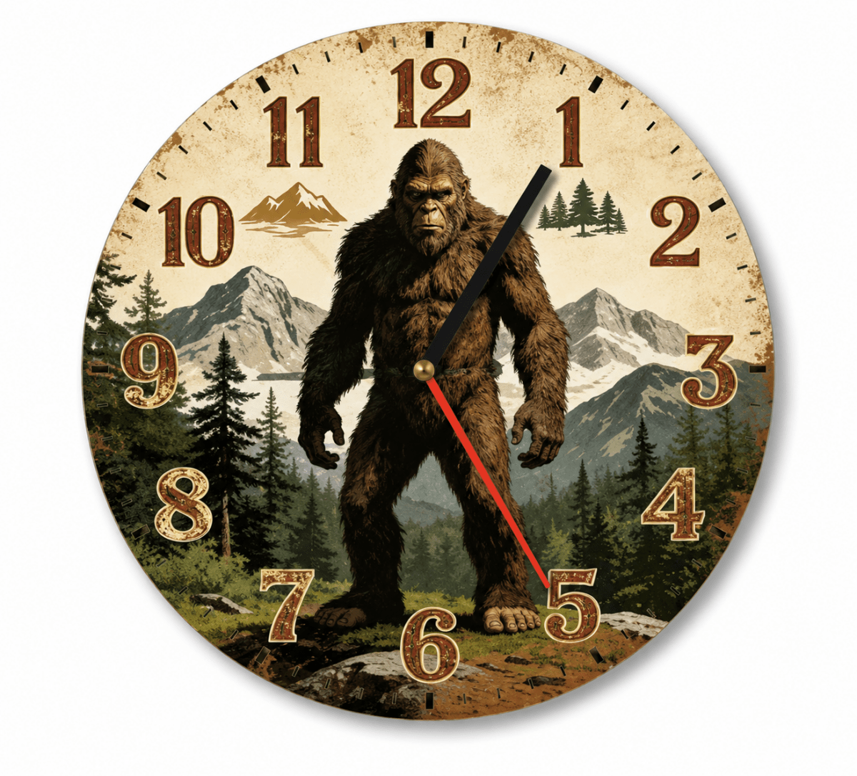Round clock with a Sasquatch design in a forest setting