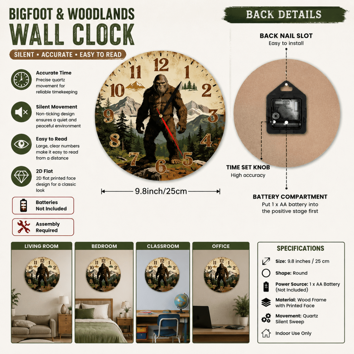 Bigfoot Mountain Wall Clock – Silent Non-Ticking Rustic Woodland Decor, 9.8" Round Battery Operated Clock with Forest Scene & Easy-to-Read Numbers