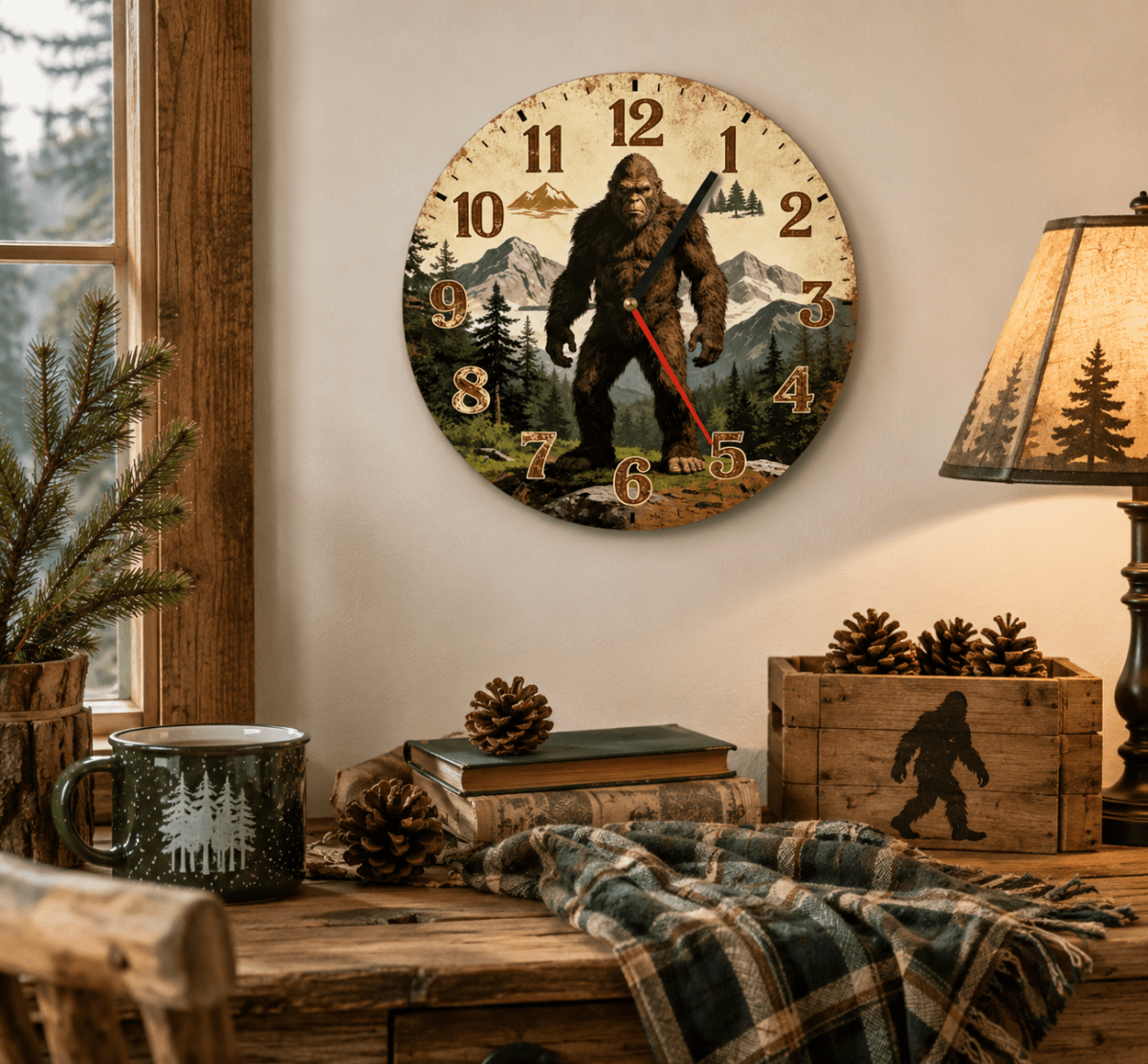 Bigfoot-themed wall clock in a cozy room with a mug, books, and decorative items.