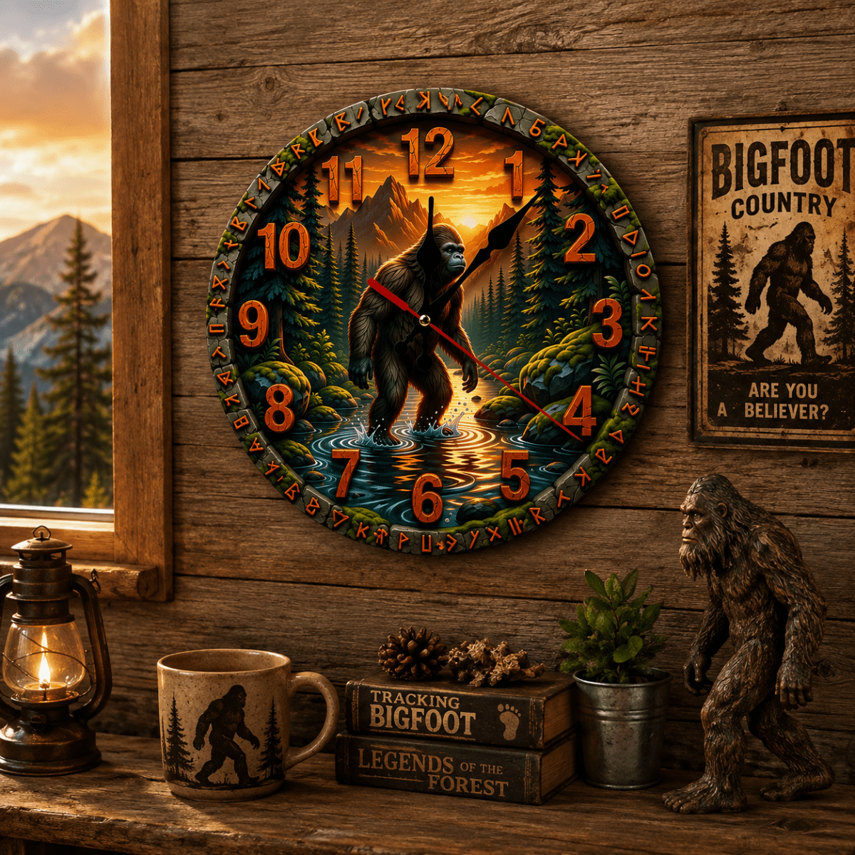 Bigfoot Sasquatch Wall Clock 9.8" Rustic Cabin Forest Decor Battery Powered