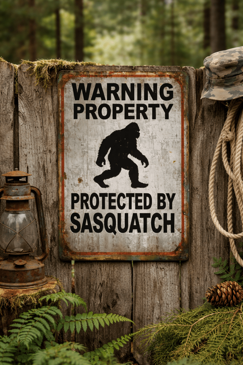 Bigfoot Warning Sign Protected By Sasquatch Metal Tin Wall Decor Cabin Sign