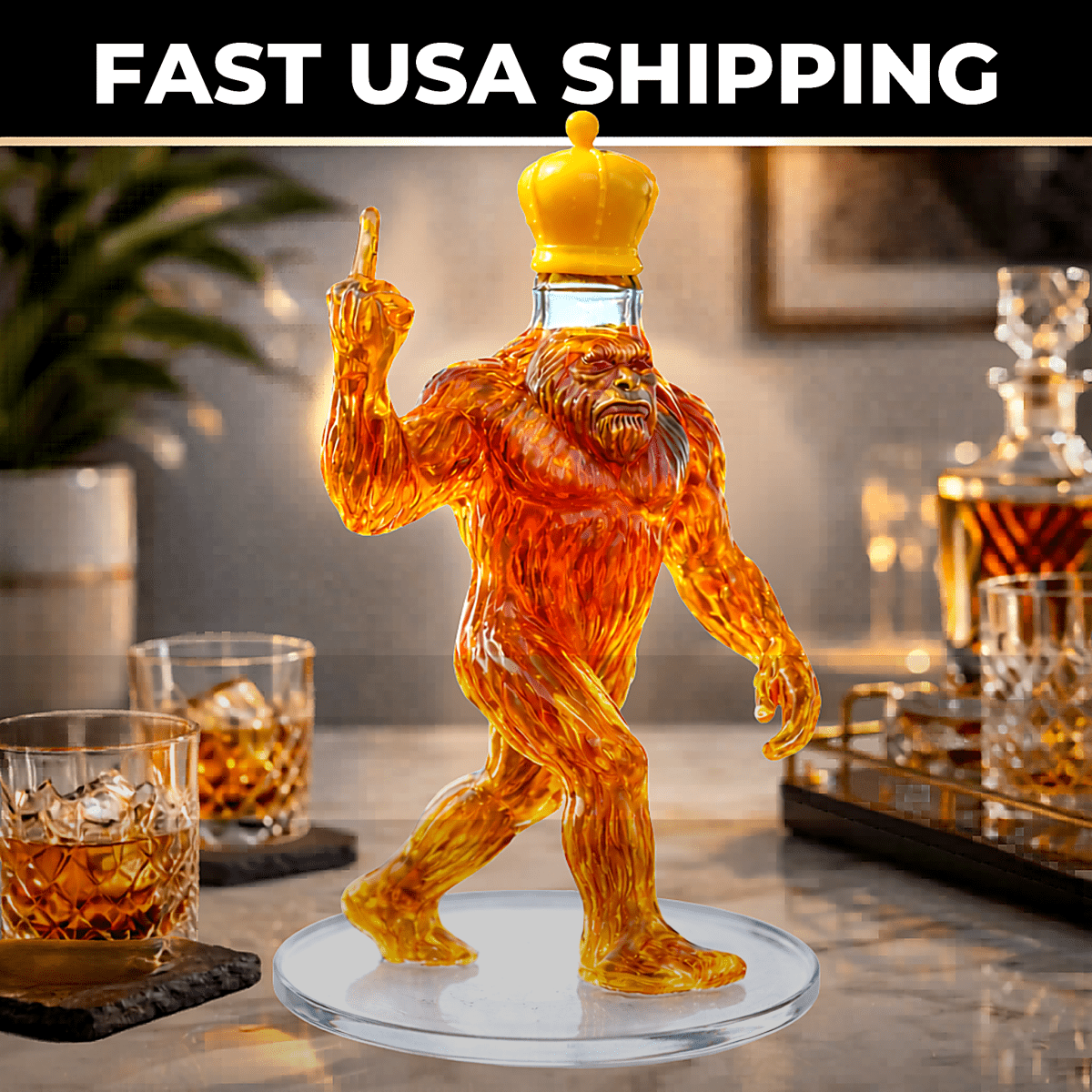 Bigfoot Whiskey Decanter Gold Crown  Sasquatch Glass Bottle Bar Decor Man Cave Gift 350ml
