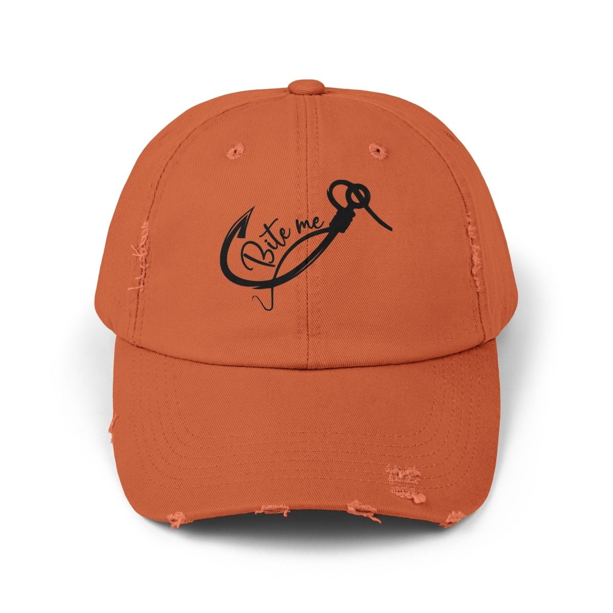 Distressed burnt orange color hat  with a fishhook and says Bite Me