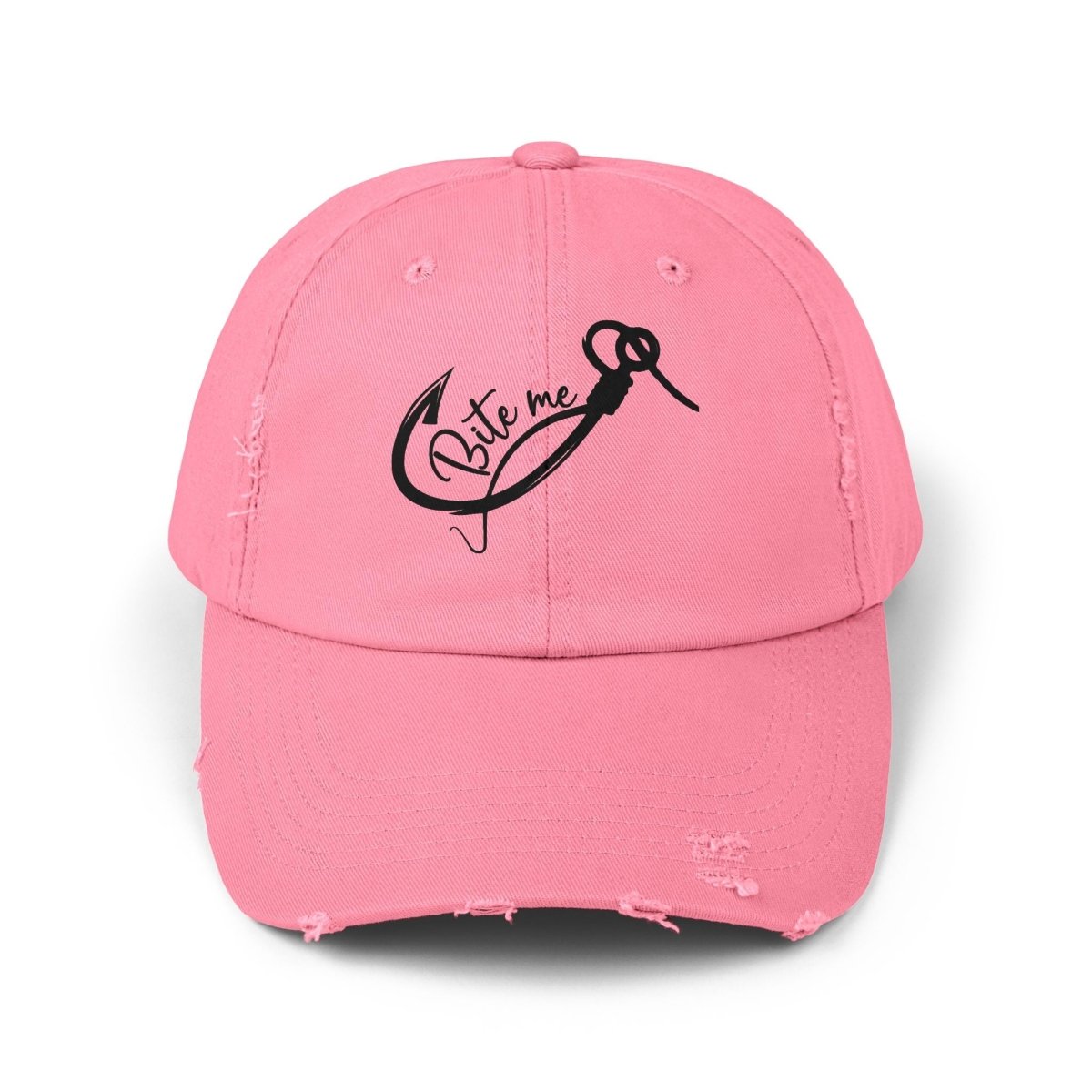 Distressed pink color hat  with a fishhook and says Bite Me
