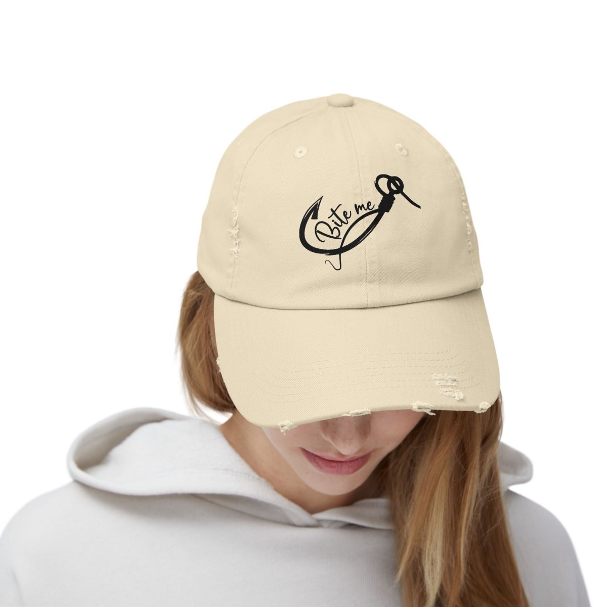 Bite Me Distressed Dad Hat – For Anglers, Sass Queens & Salty Legends