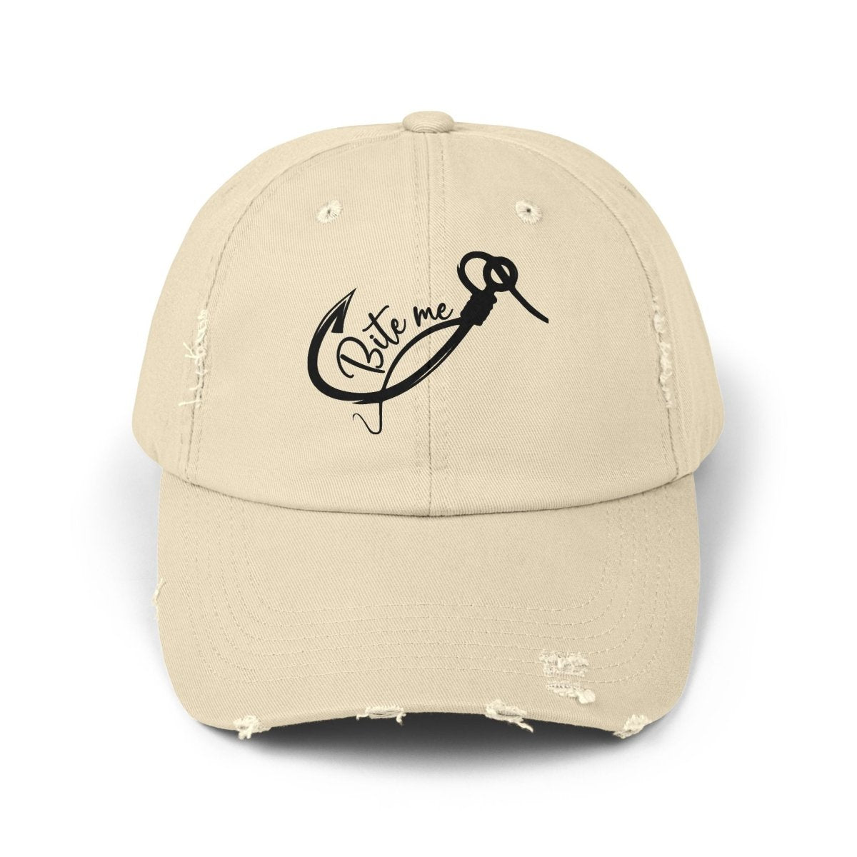 Distressed stone color hat  with a fishhook and says Bite Me