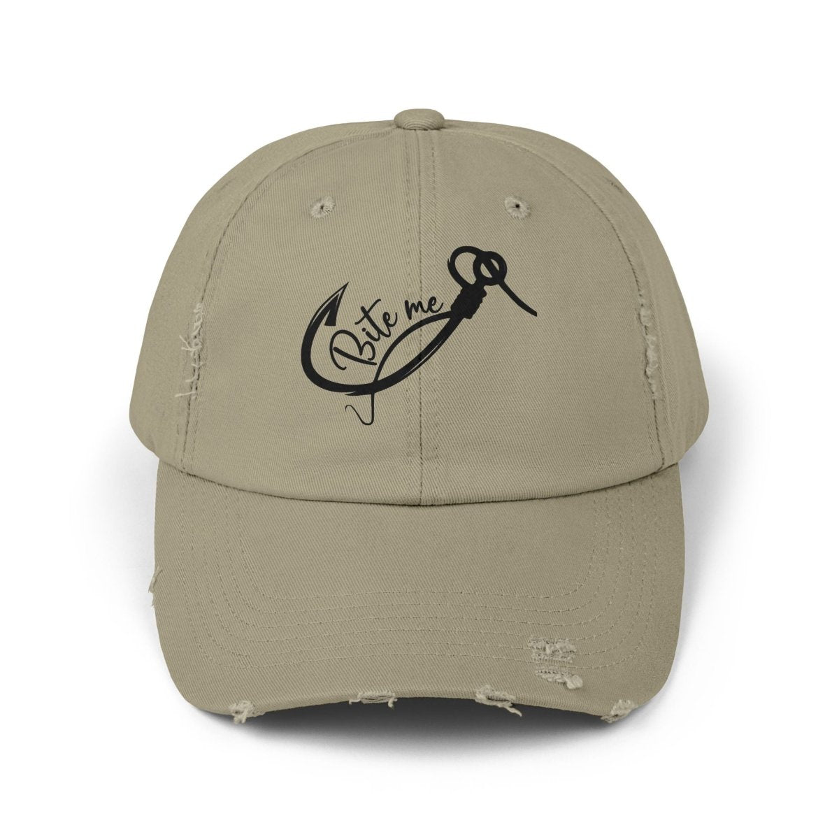 Distressed cream color hat  with a fishhook and says Bite Me