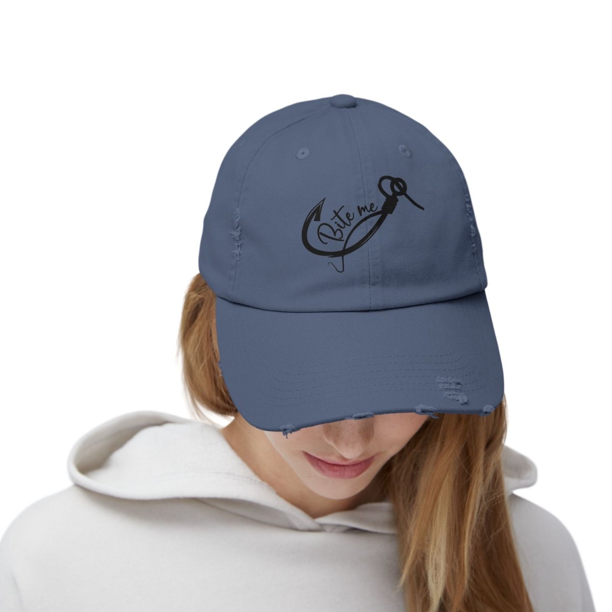 Distressed scotland blue color hat  with a fishhook and says Bite Me