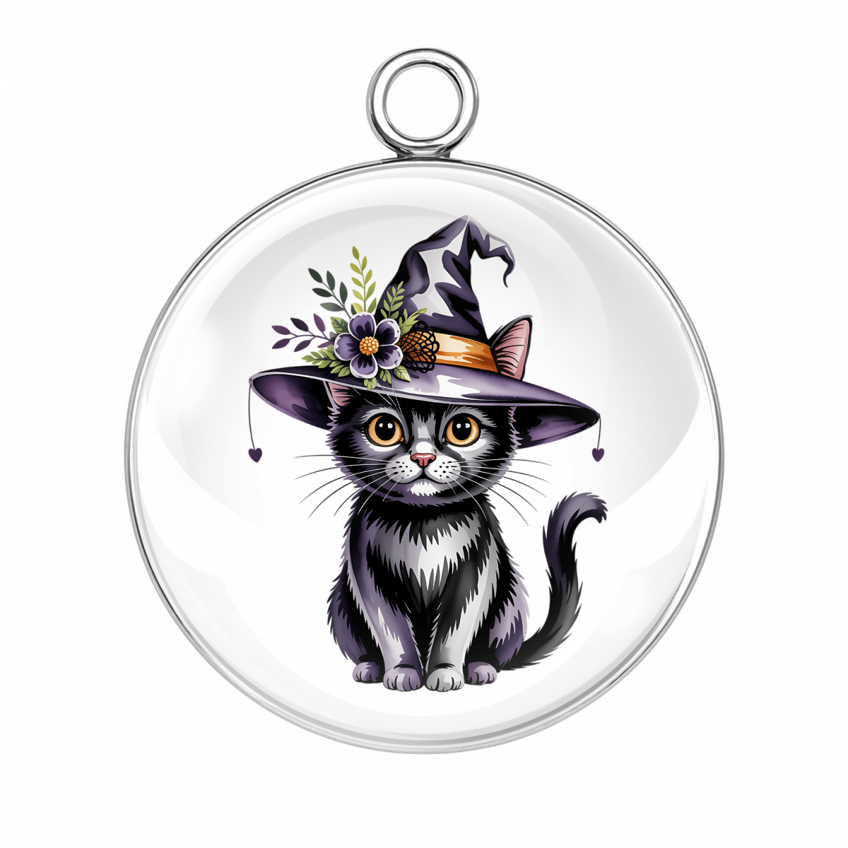 Cute Halloween Kitten Charm – Black kitten in a witch hat with purple flowers – Glass Cabochon Jewelry