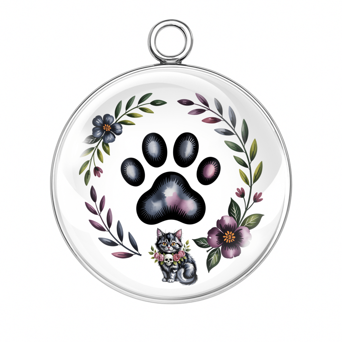 Halloween Paw Print Charm – Black cat with magical paw print and floral wreath – Glass Cabochon Craft Jewelry