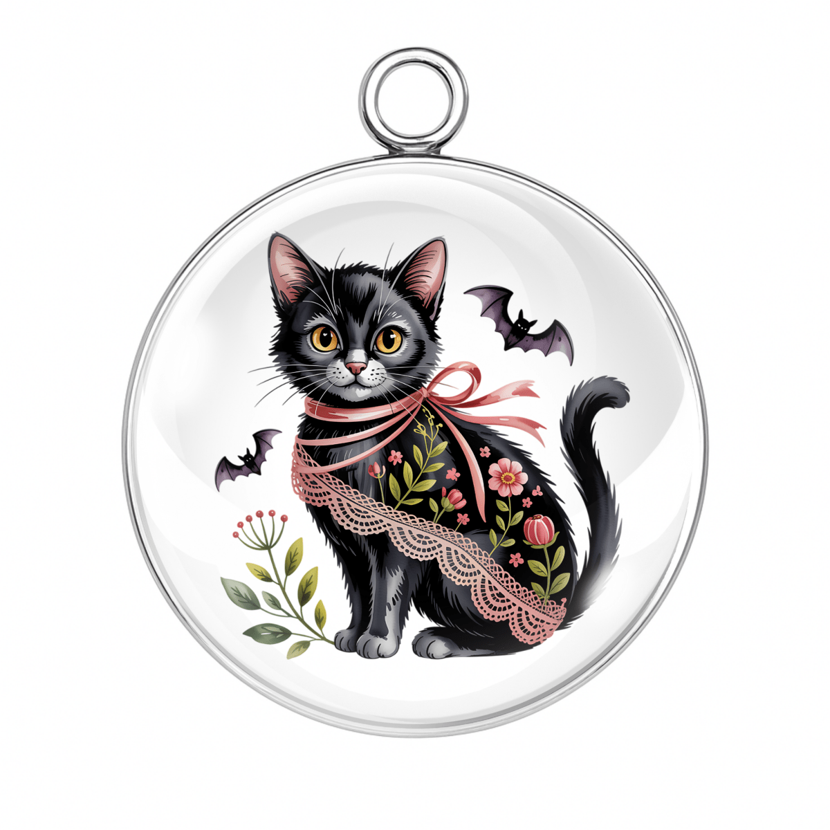 Spooky Black Cat Charm – Cat in a patterned Halloween cloak with bats flying – Glass Cabochon Pendant