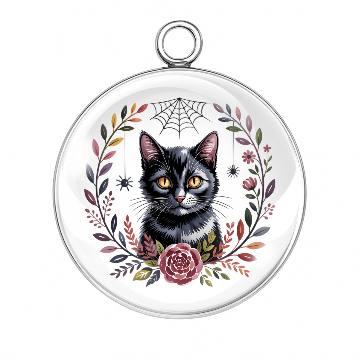 Halloween Black Cat Charm – Cat with floral wreath and spiderweb frame – Glass Cabochon Jewelry Pendant
