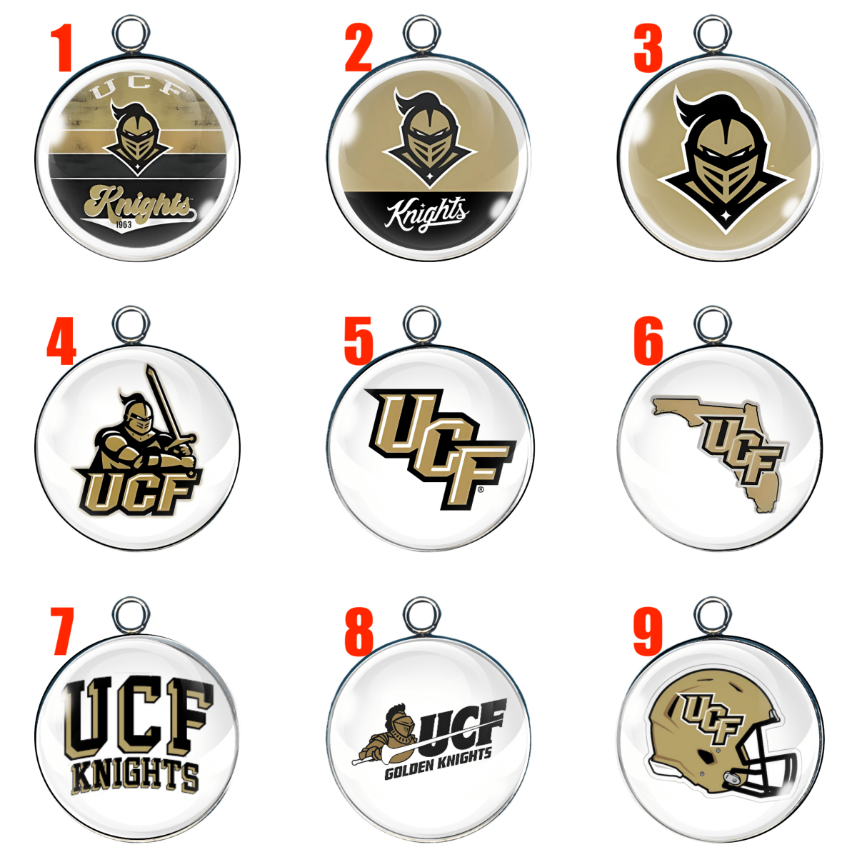 Set of 9 Knights-inspired glass cabochon charms with football helmet, knight logos, and UCF lettering for jewelry and crafts