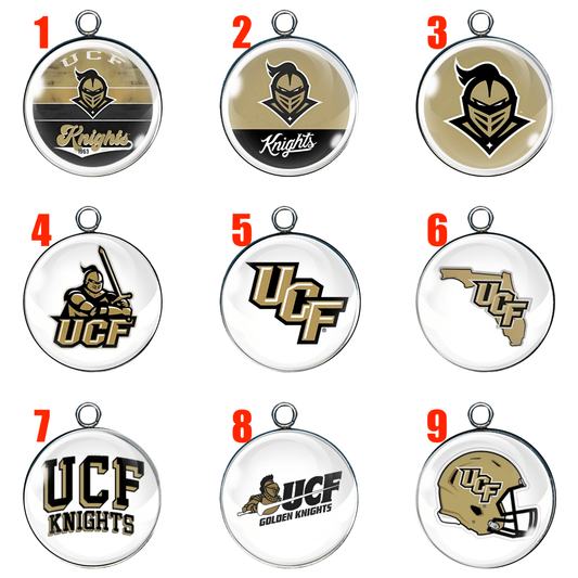 Set of 9 Knights-inspired glass cabochon charms with football helmet, knight logos, and UCF lettering for jewelry and crafts