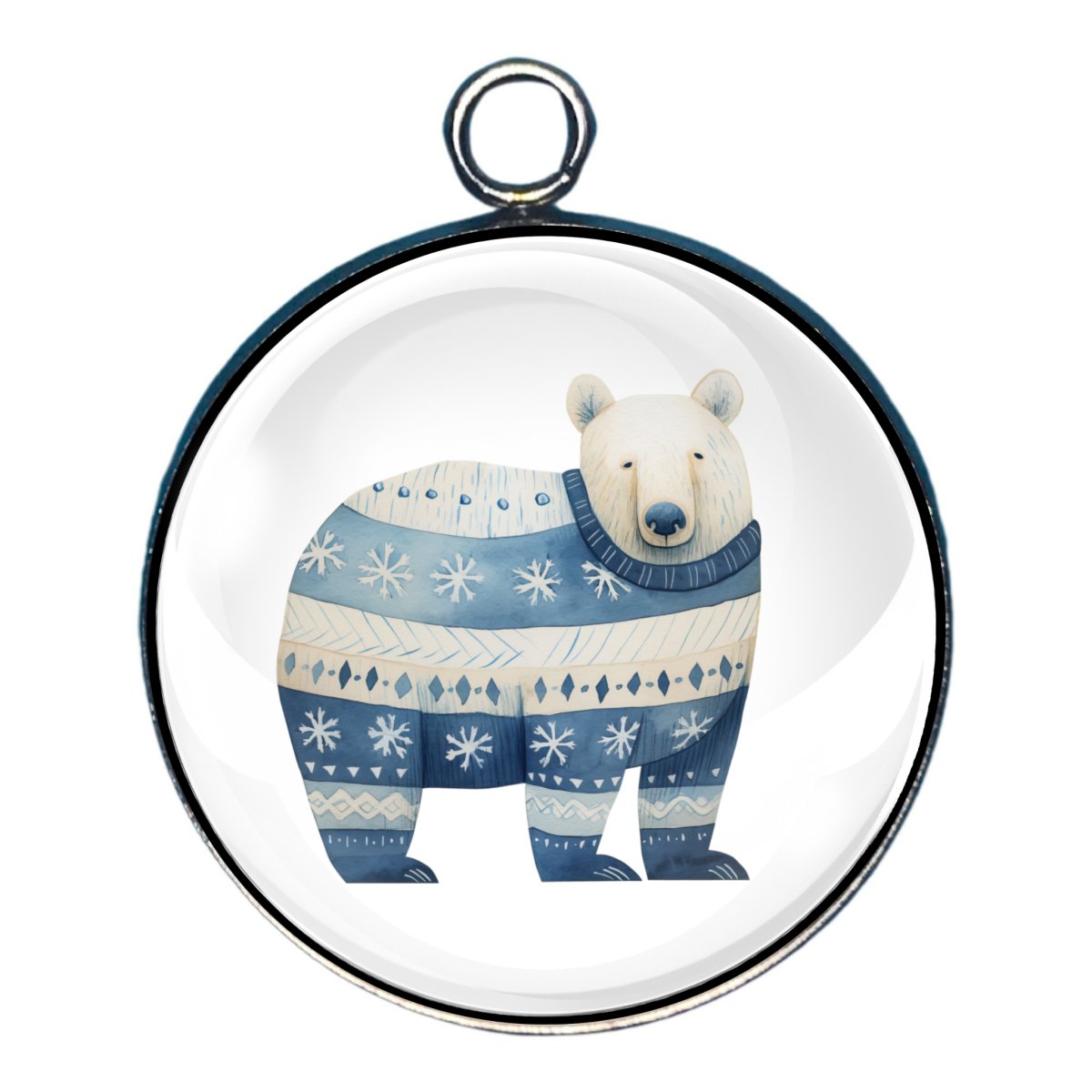 Charm depicting a polar bear wearing a blue christmas sweater