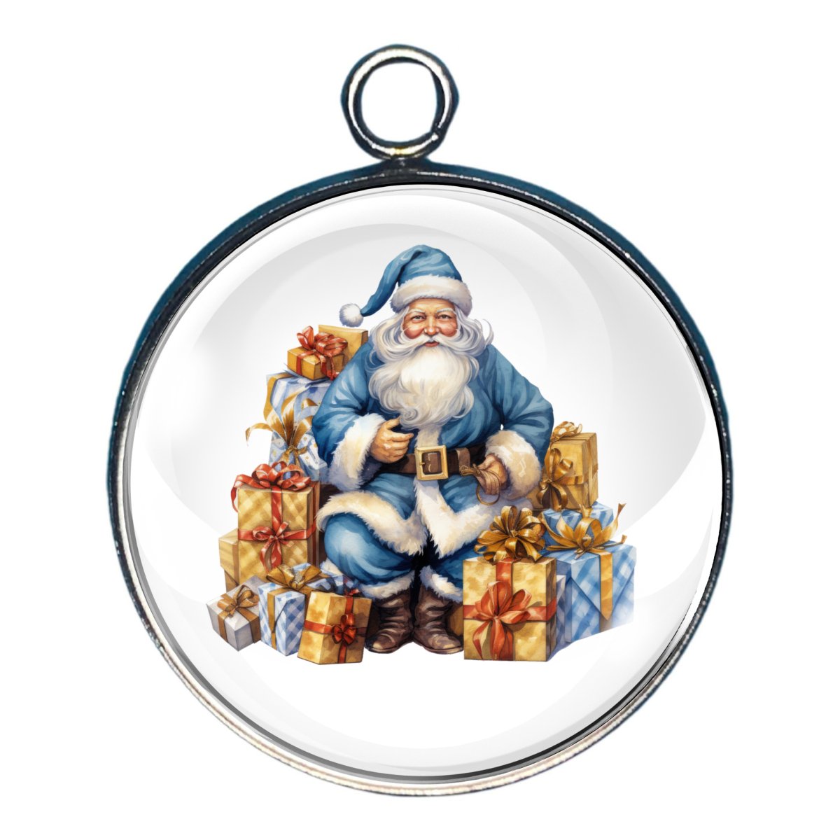 Charm depicting Santa wearing a blue suit and surrounded with presents