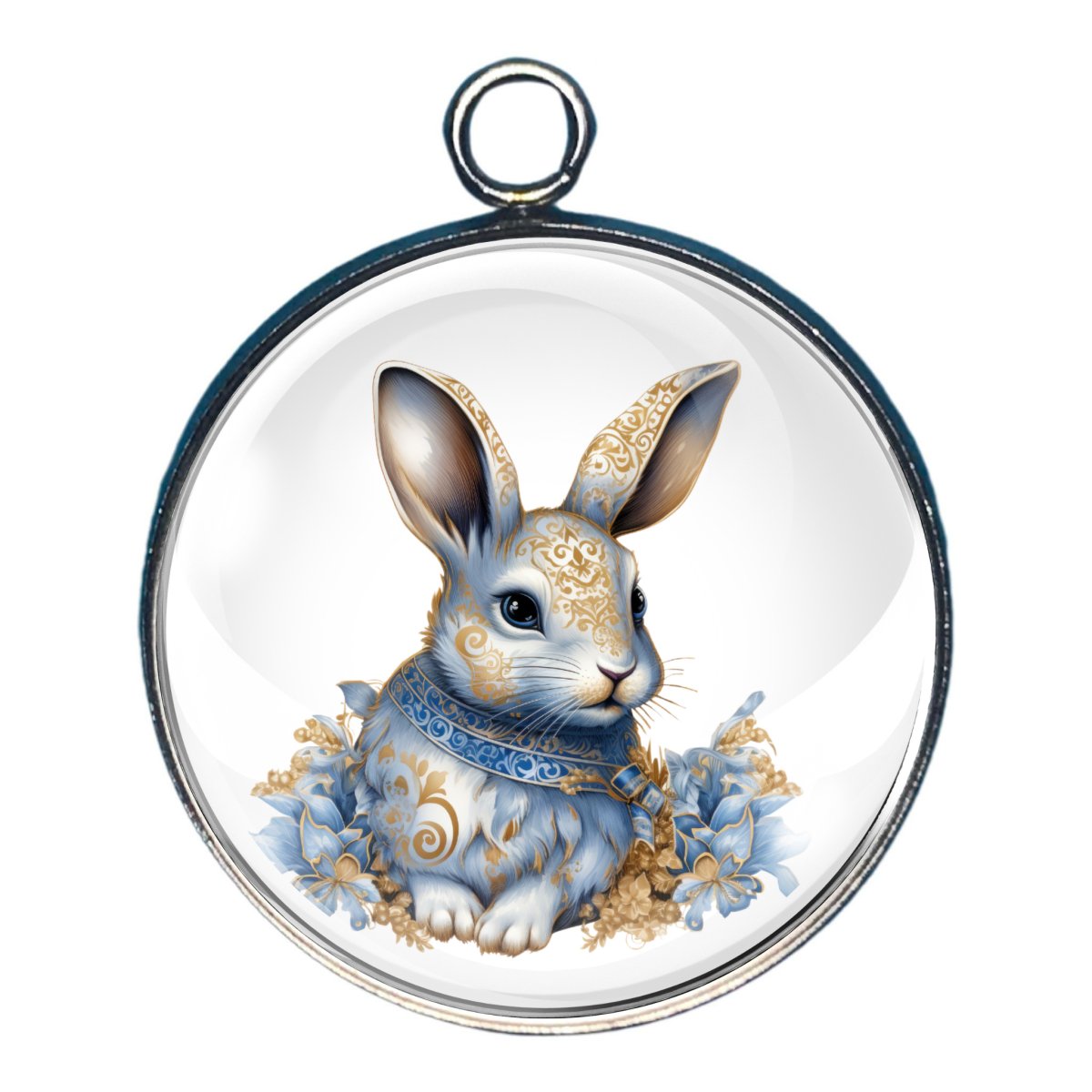 Charm depicting a rabbit with guilded gold designs and blue accents