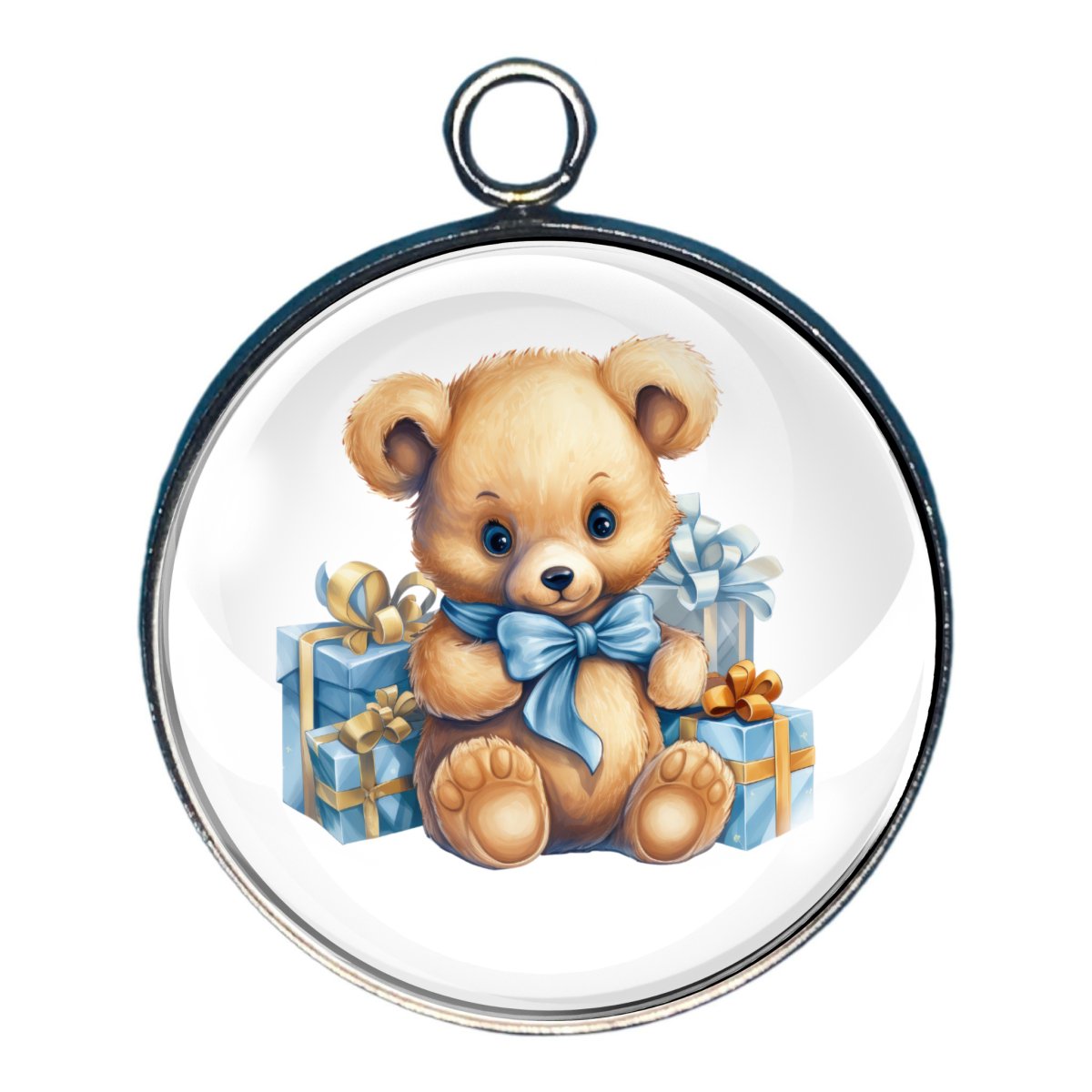 Charm depicting a teddy bear with a blue ribbon and christmas presents