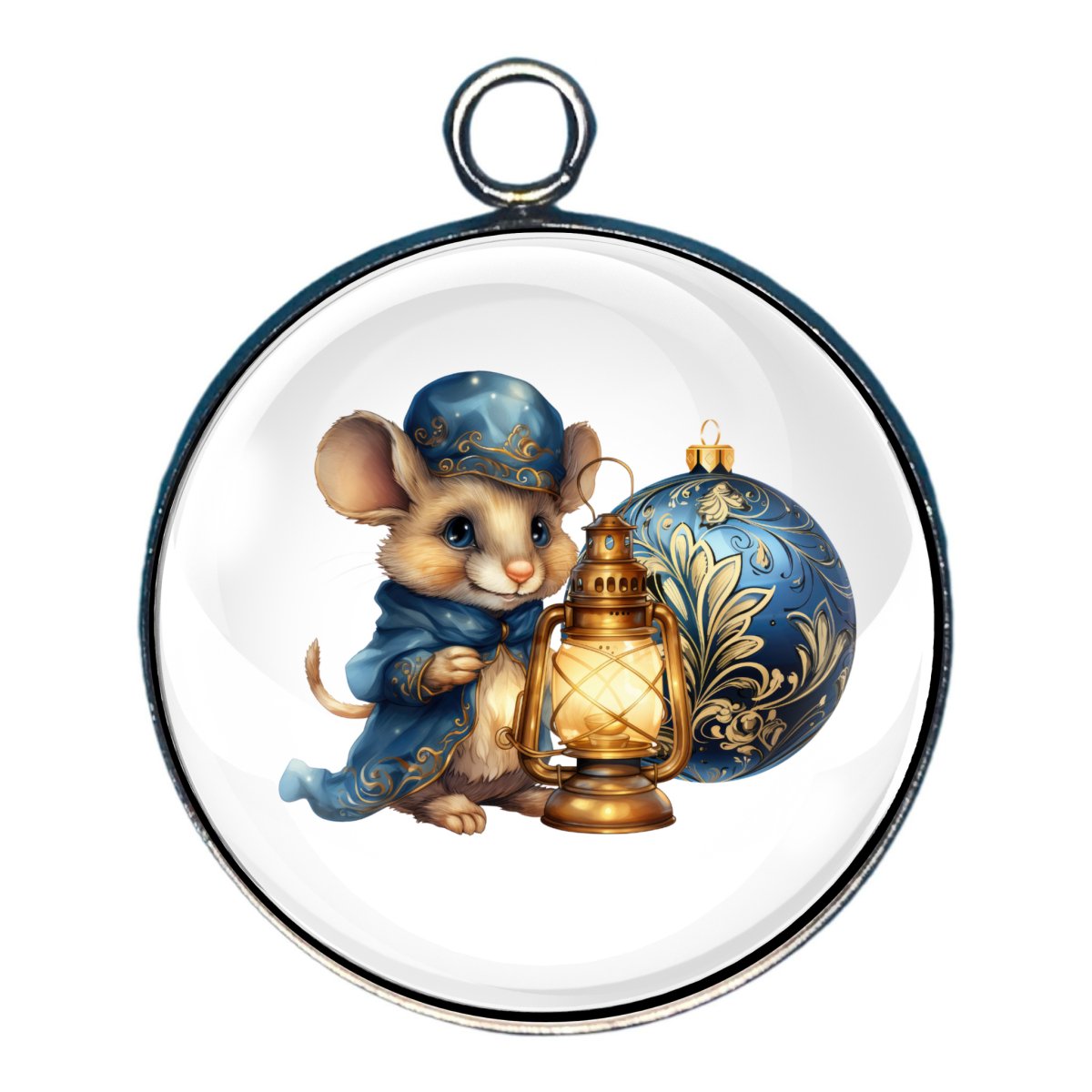 Charm of a christmas mouse with a blue robe and hat next to a small lamp and a blue christmas ball