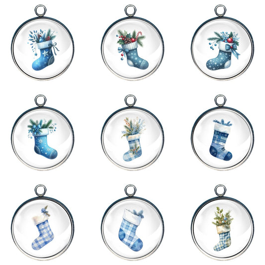 group of 9 charms of blue christmas stockings filled with holiday decor