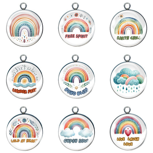 9 Bohemian Rainbow glass cabochon charms