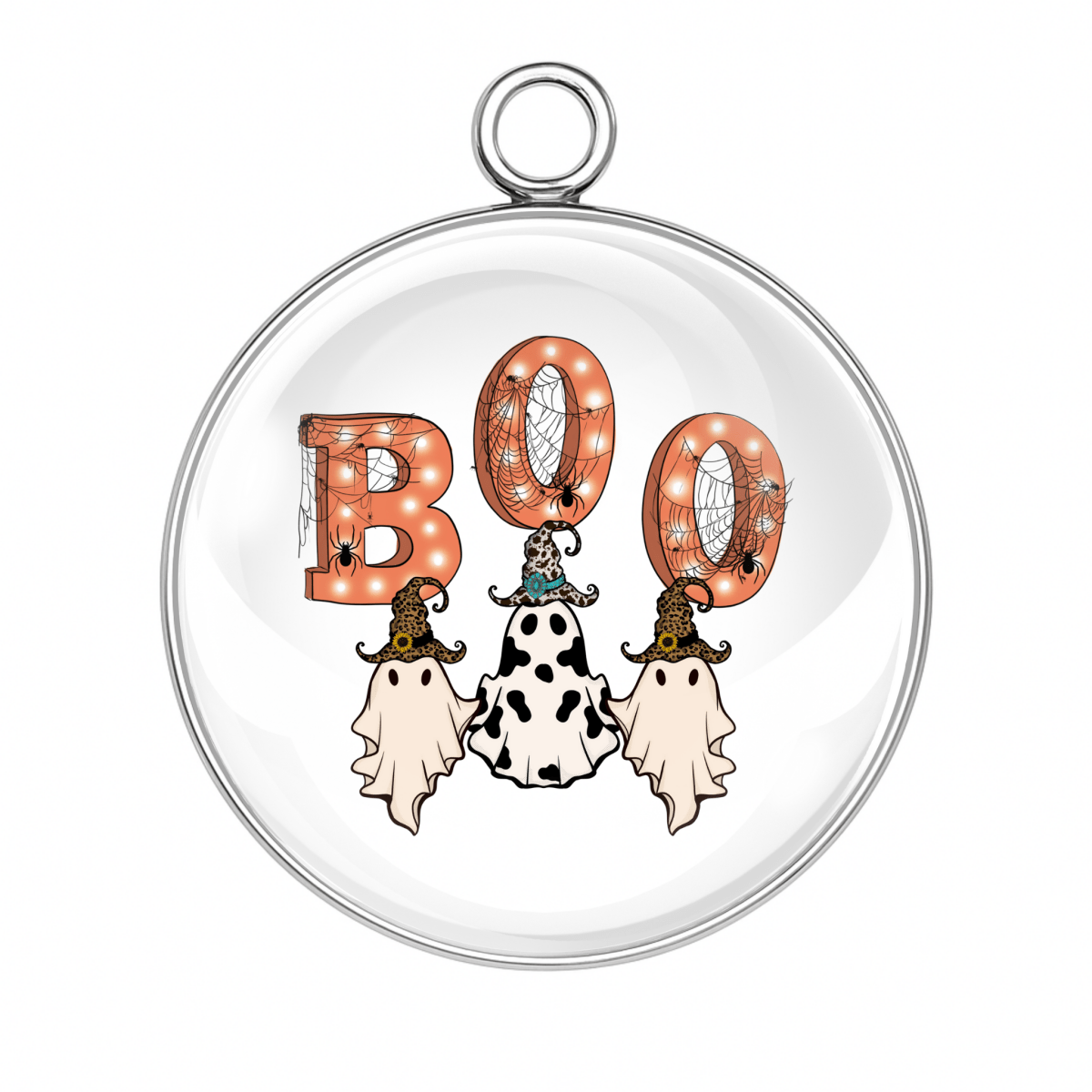Country ghost charm with spotted cows wearing witch hats and BOO lights