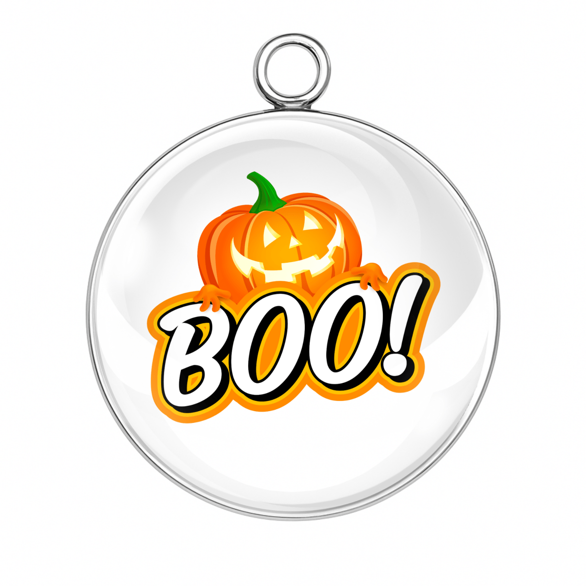 Smiling pumpkin charm with bold yellow and black BOO lettering