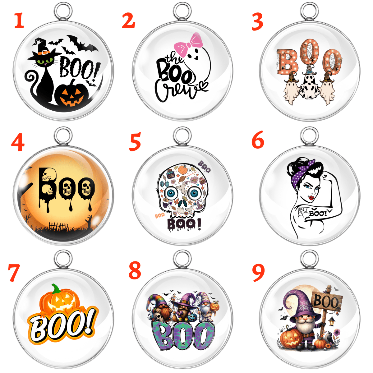 Set of 9 Halloween-themed glass cabochon charms featuring playful 'BOO' designs with witches, ghosts, pumpkins, skulls, gnomes, and spooky characters.