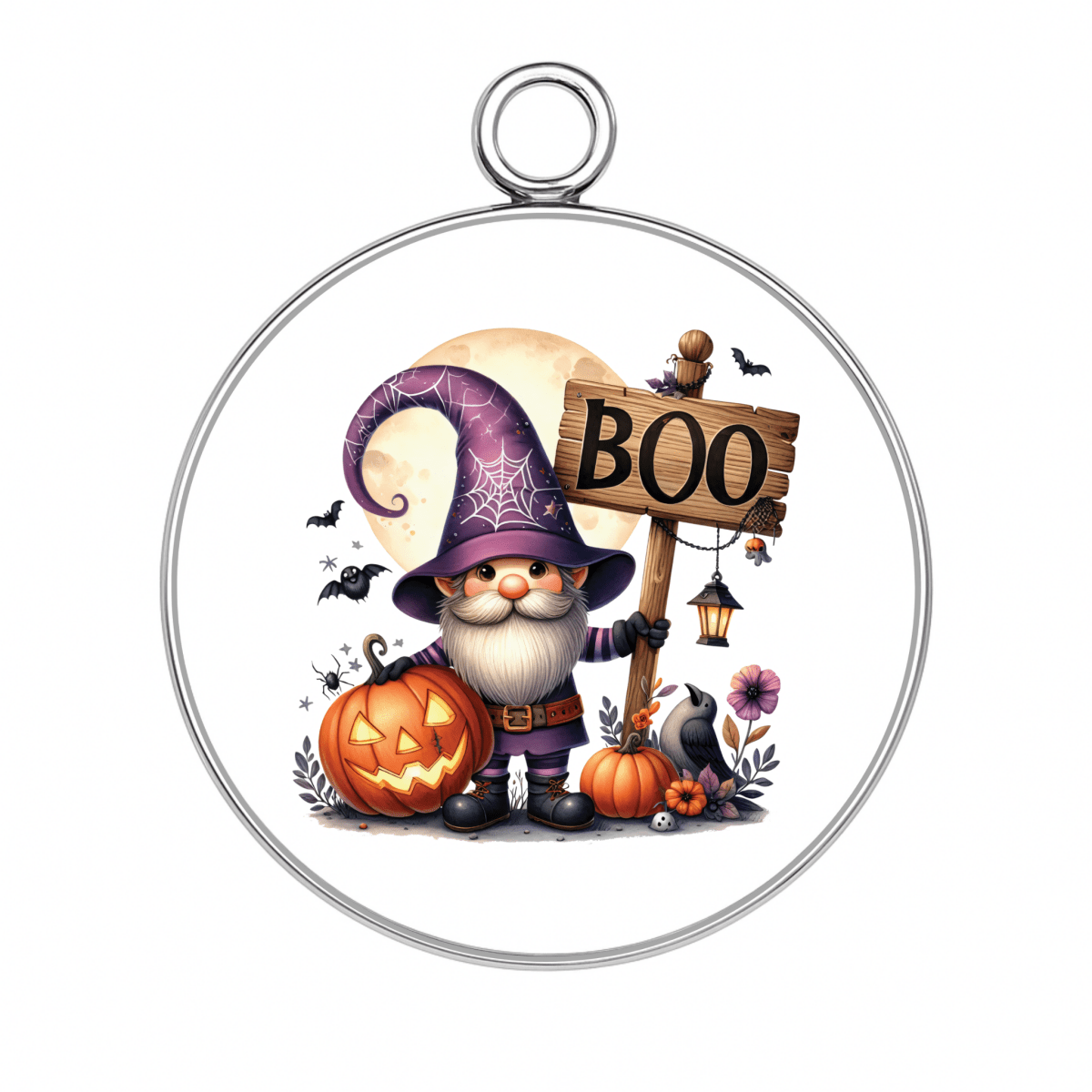Halloween gnome charm holding BOO sign surrounded by pumpkins and mushrooms