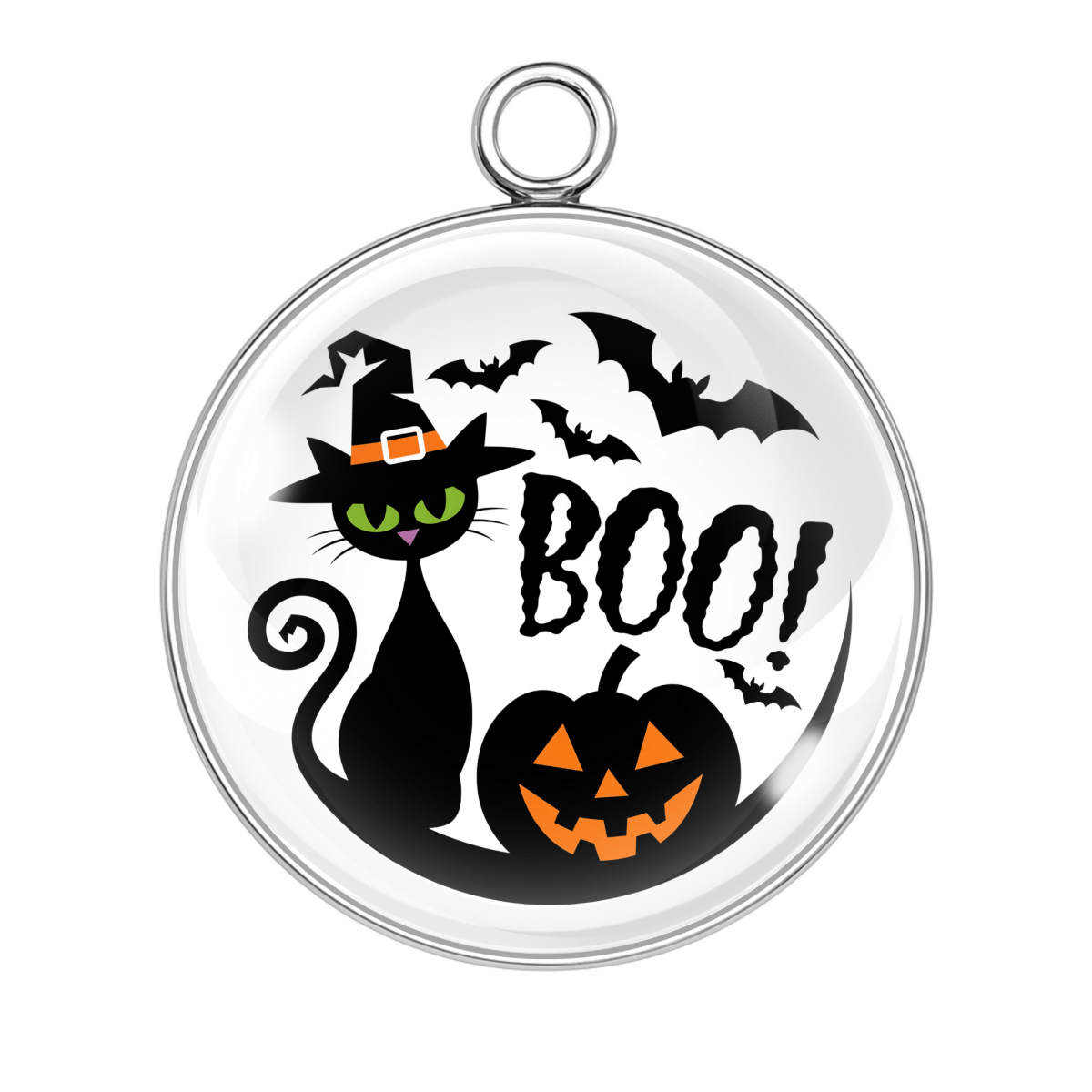 Halloween charm with black cat, witch hat, jack-o’-lantern and BOO text