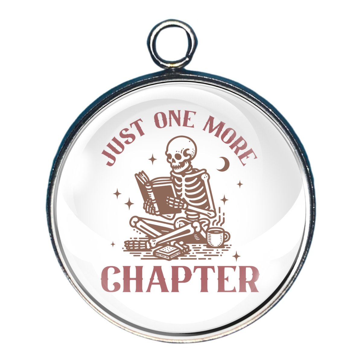 Charm of a skeleton reading a book  with the words 'just one more chapter'