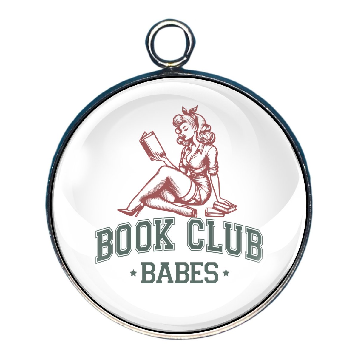 Charm of a girl raqding a book with the  words 'book club babes'