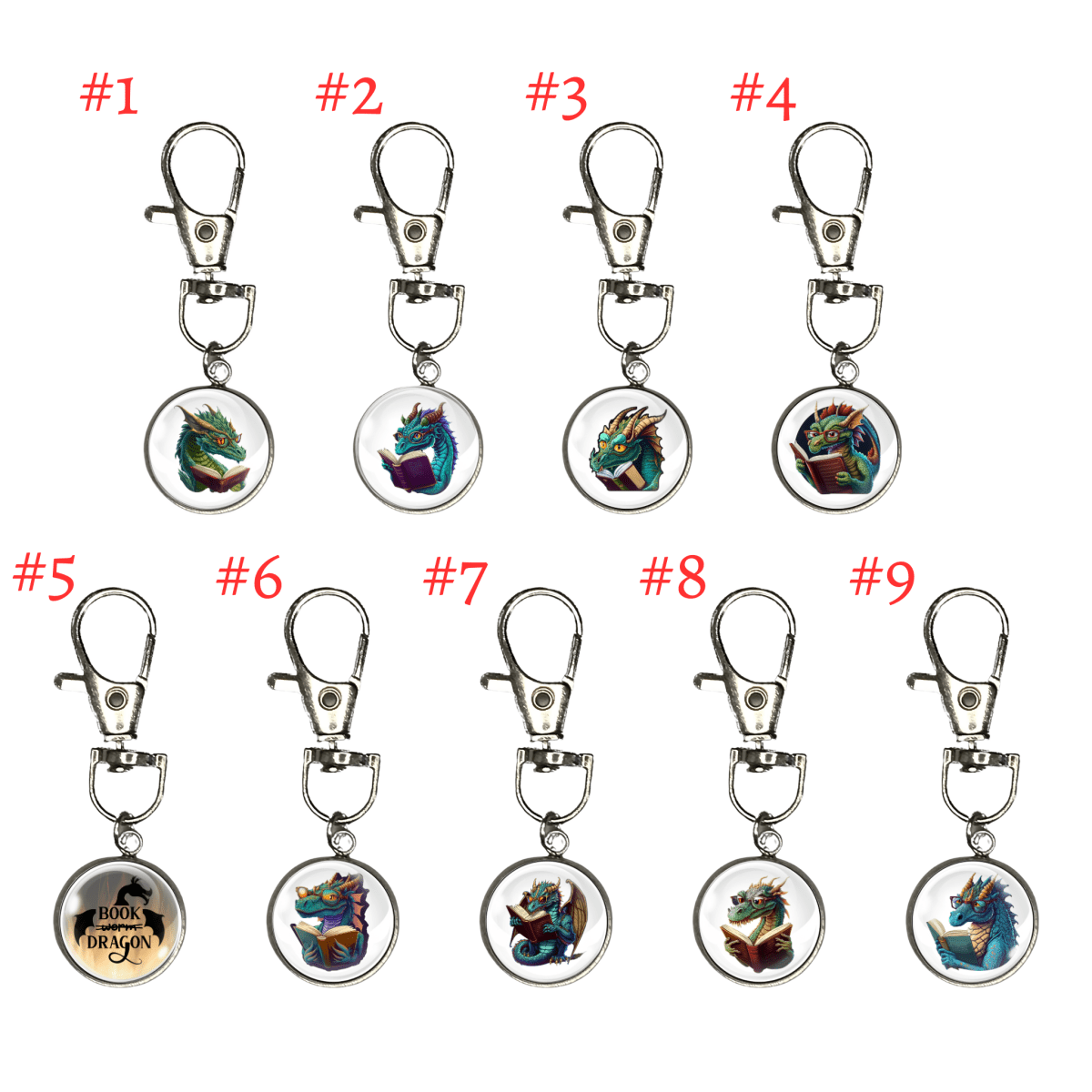 Book Reading Dragons Zipper Pulls, Purse Danglers