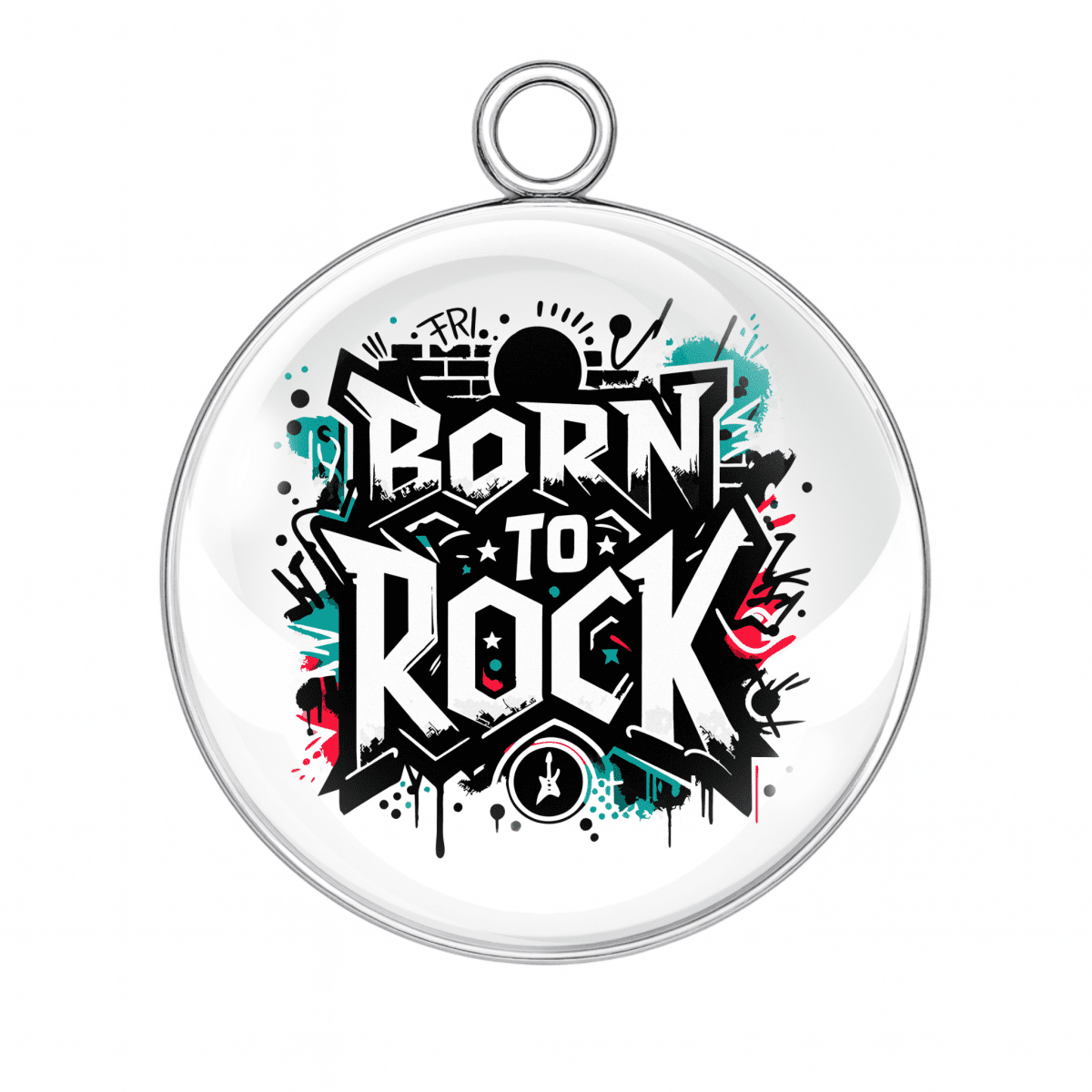 Circular pendant with 'Born to Rock' text and musical symbols on a white background