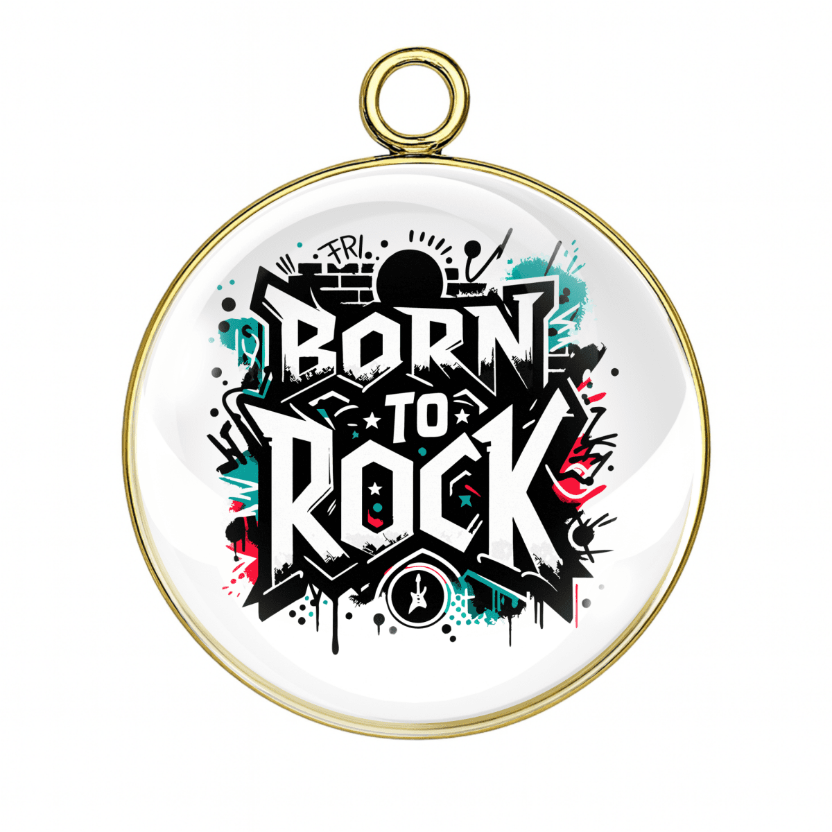 Circular pendant with 'Born to Rock' text and musical graphics on a white background