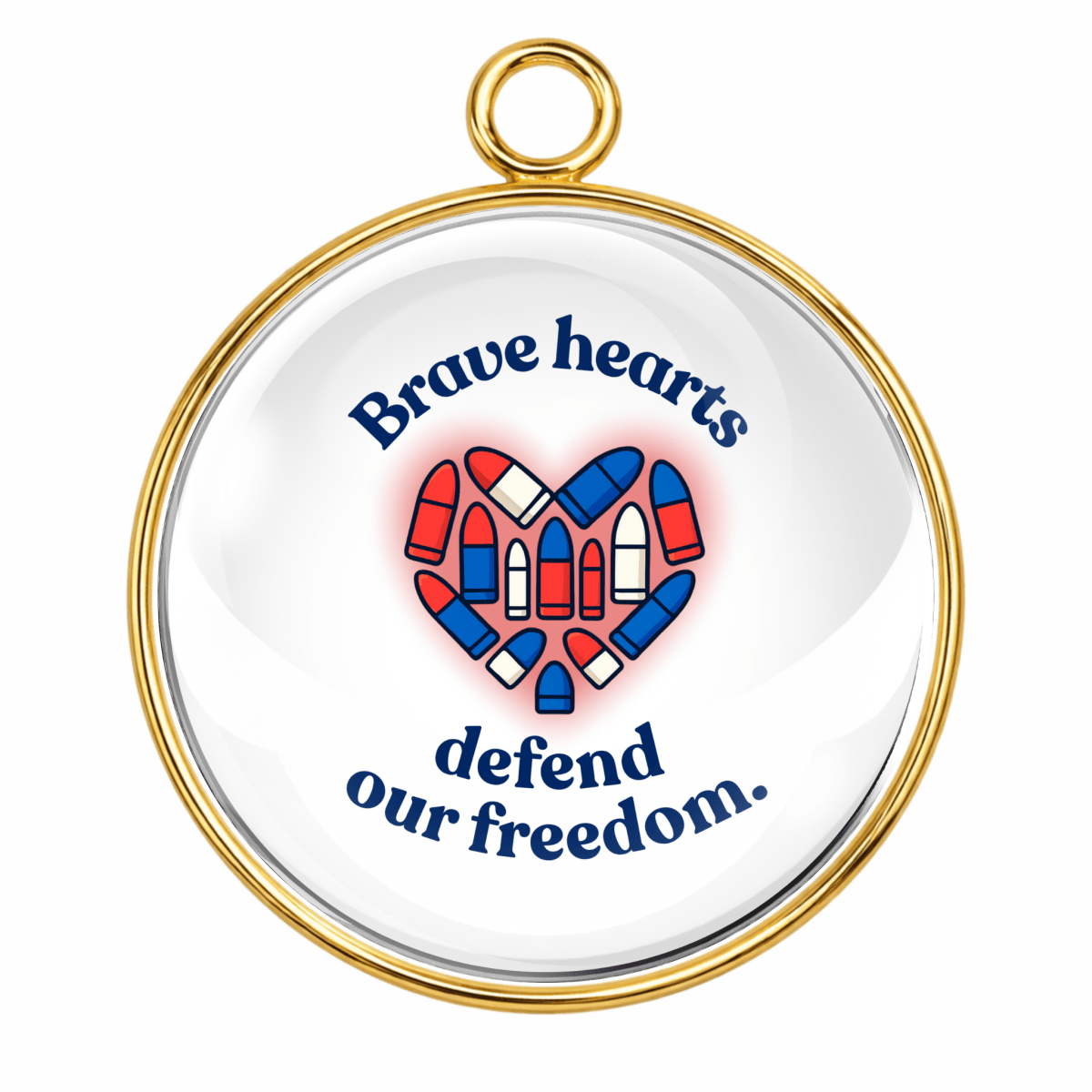 Brave Hearts Defend Our Freedom patriotic heart military support charm in red white and blue design.
