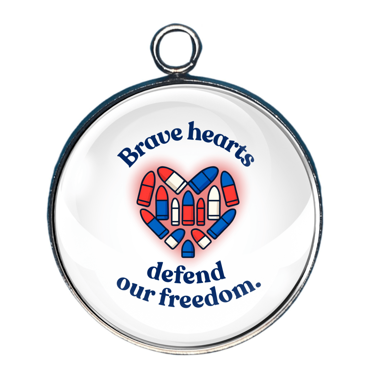 Brave Hearts Defend Our Freedom patriotic heart military support charm in red white and blue design.