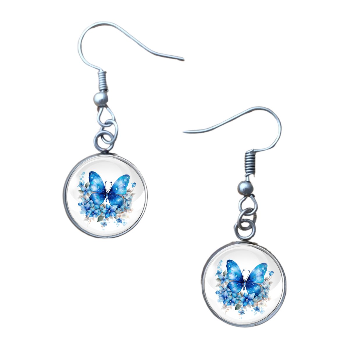 Charm of blue butterfly with blue flowers: 14mm glass cabochon earrings, stainless steel base and fishhook style butterfly earrings.