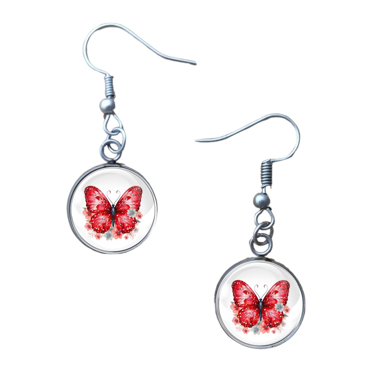 Charm of Red butterfly with pink flowers: 14mm glass cabochon earrings, stainless steel base and fishhook style butterfly earrings.