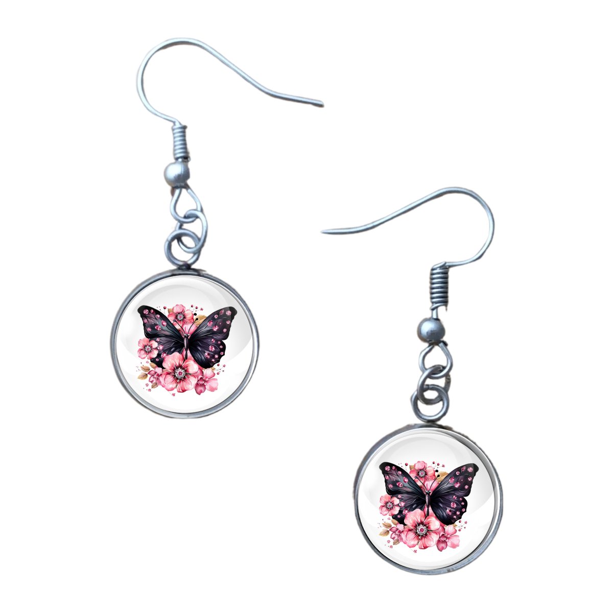 Charm of black butterfly with pink flowers: 14mm glass cabochon earrings, stainless steel base and fishhook style butterfly earrings.