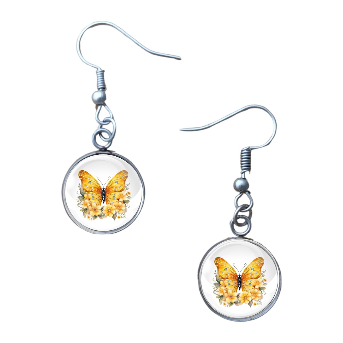 Charm of yellow butterfly with yellow flowers: 14mm glass cabochon earrings, stainless steel base and fishhook style butterfly earrings.