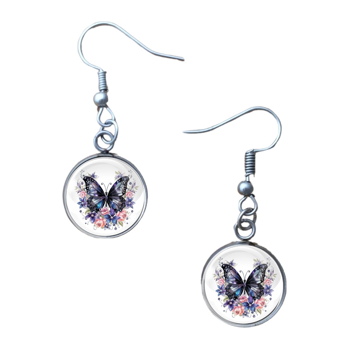 Charm of black butterfly with pink and blue flowers: 14mm glass cabochon earrings, stainless steel base and fishhook style butterfly earrings.